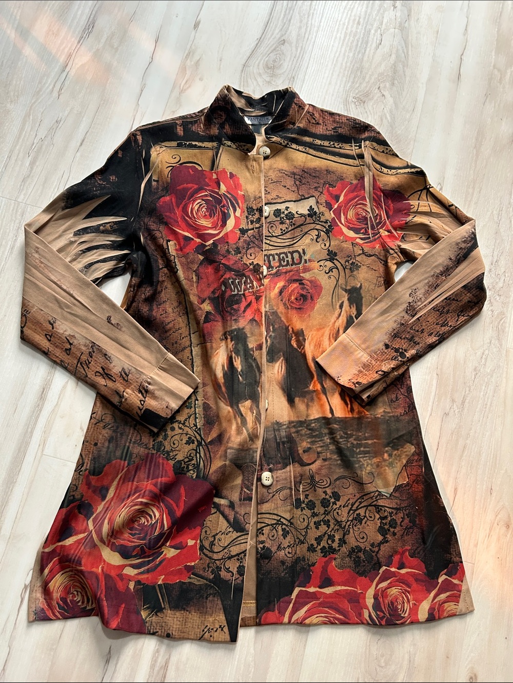 Fantazia Women's Red Rose Print Long Blazer Jacket